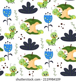 Vector seamless pattern with funny caterpillar for kids. Hungry caterpillar eats an apple, smiles. Flora and fauna. Summer or spring vector printable background.