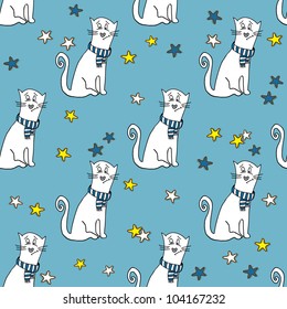 Vector seamless pattern with funny cats and stars