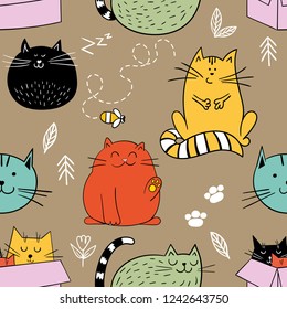 Vector seamless pattern with funny cats in doodle style