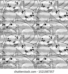 Vector seamless pattern with funny  cats . Hand drawn illustration of funny tomcats. Children's drawing style.