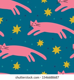 Vector seamless pattern with funny cats. Cute illustration for card, print on clothes. Hand drawn background for design and card, covers, package, wrapping paper. 