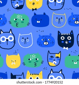 Vector seamless pattern with funny cats. Creative childish texture for fabric, wrapping, textile, wallpaper, apparel. Blue background.