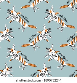 Vector seamless pattern with funny  cats . Hand drawn illustration of funny tomcats - tigers. Children's drawing style.