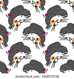 Vector seamless pattern with funny cats faces. Hand drawn illustration of funny tomcats with hats. 