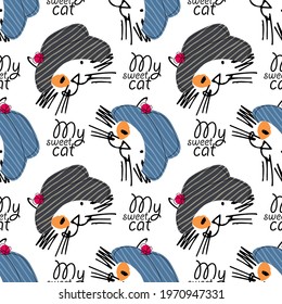 Vector seamless pattern with funny cats faces. Hand drawn illustration of funny tomcats with hats. Text. My sweet cat.