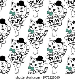 Vector seamless pattern with funny cats faces. Hand drawn illustration of funny tomcats with hats. Text. 