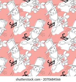 Vector seamless pattern with funny cats. Hand drawn illustration of funny tomcats with hats and bouquets. Children's drawing style.