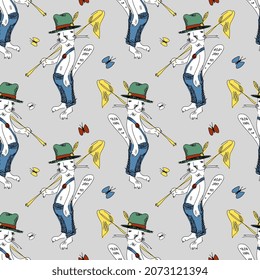 Vector seamless pattern with funny cats and butterflies. Hand drawn illustration of funny tomcats with hats and nets. Children's drawing style.