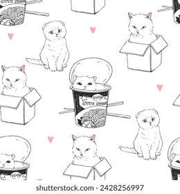Vector seamless pattern with funny cats isolated on white. Hand-drawn texture with cute kittens for textile or wrapping design.