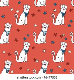 Vector seamless pattern with funny cats and stars
