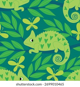 Vetor padrão sem emenda com camaleões engraçados na floresta