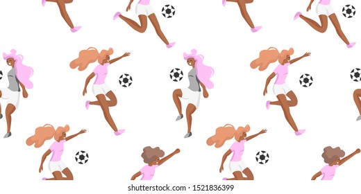 Vector Seamless pattern with funny characters of female soccer/ football players. Cute sport background. Can be used for wrapping, fabric, wallpaper, textile and other decoration.