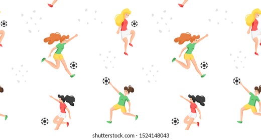 Vector Seamless pattern with funny characters of female soccer/ football players. Cute sport background. Can be used for wrapping, fabric, wallpaper, textile and other decoration.
