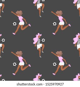 Vector Seamless pattern with funny characters of African American female soccer/ football players. Cute sport background. Can be used for wrapping, fabric, wallpaper, textile and other decoration.