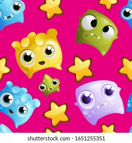 Vector seamless pattern with funny characters in cartoon, childish style.