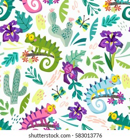 Vector seamless pattern of funny characters in cartoonish style. Spring pattern of chameleons and tropical leaves and flowers. 