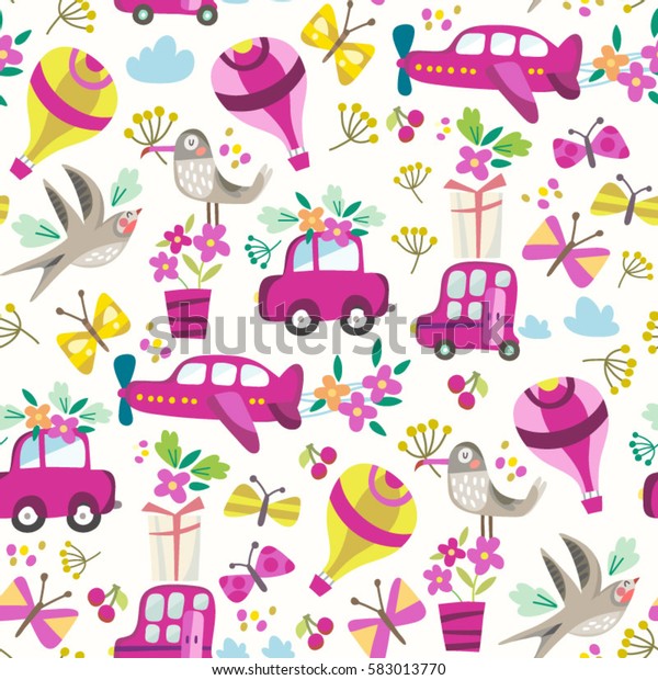 Vector seamless pattern of\
funny characters in cartoonish style. Colorful patterns of birds\
and cars.