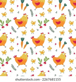 Vector seamless pattern with funny chickens and chicks in a rustic style. Cheerful ornament for fabric, textiles, cover and packaging