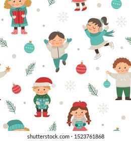 Vector seamless pattern with funny children in different poses with Christmas decor. Cute funny repeat background of new year symbols. Christmas flat style picture for decorations or design