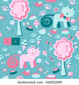 Vector seamless pattern. Funny Children's background. Multi-colored cats, trees, mouse, and ice cream.
