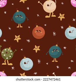 Vector seamless pattern with funny Christmas balls, stars and snowflakes. Groovy retro Christmas in hippie style. Festive boho background for a retro Christmas collection.