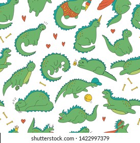 Vector seamless pattern of funny colored dinosaurs in different poses. Comic dino background in cartoon style. Doodle line drawing of sarcastic reptiles
