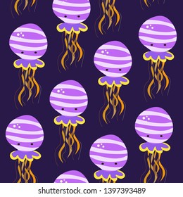 Vector seamless pattern with funny colorful jellyfish. Sea life texture. Ocean life print. 