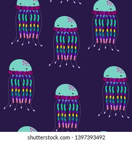 Vector seamless pattern with funny colorful jellyfish. Sea life texture. Ocean life print. 