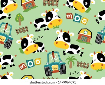 vector seamless pattern of funny cow cartoon, farming element cartoon