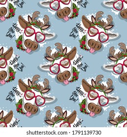 Vector seamless pattern with funny cow with glasses and christmass horns. Happy New Year!