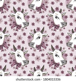 Vector seamless pattern with funny  cow and flowers. Print on T-shirts, bags and other fashion products. Design children's clothing and accessories.