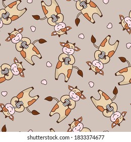 Vector seamless pattern with a funny cow drinking coffee or tea from a mug, on a background color of coffee with milk