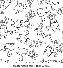 Vector seamless pattern with a funny cow in love with hearts, coloring page for children and adults