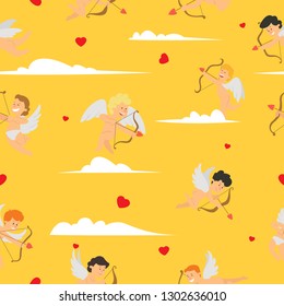 vector seamless pattern with funny cupids in the sky. Sample background for web, covers, banners, decoration, elegant designs.