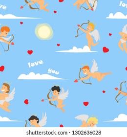 vector seamless pattern with funny cupids in the sky. Sample background for web, covers, banners, decoration, elegant designs.
