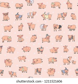 vector seamless pattern with funny cute pigs