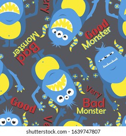 Vector seamless pattern. Funny and cute monsters make faces. Good, bad and very bad monster. Ideal for textiles, paper, spider webs, gift items.