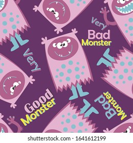 Vector seamless pattern. Funny and cute monsters make faces. Good, bad and very bad monster. Ideal for textiles, paper, spider webs, gift items.
