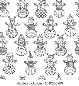 Vector seamless pattern with funny cute snowmen in winter hats, mittens and scarves with abstract patterns, coloring page for kids and adults