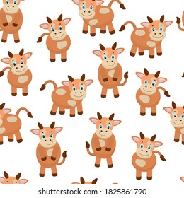 Vector seamless pattern with funny cute cows, isolate on a white background. Symbol of 2021. For the design of covers, packages, holiday cards, textile prints