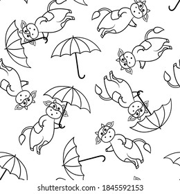 Vector seamless pattern with funny cute cartoon cow with an umbrella from the rain, coloring page for children and adults