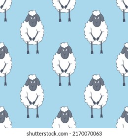 Vector Seamless Pattern with Funny Cute Sheeps on Blue Background. Cartoon Sheeps Seamless Texture, Textile, Wallpaper Design