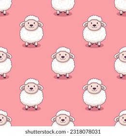 Vector Seamless Pattern with Funny Cute Sheep on Pink Background. Cartoon Sheep Seamless Texture, Textile, Wallpaper Design for Kids. Seamless Texture with Standing Sheep on Pink