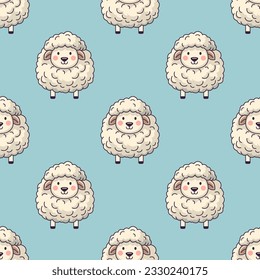 Vector Seamless Pattern with Funny Cute Sheep on Blue Background. Cartoon Sheep Seamless Texture, Textile, Wallpaper Design for Kids. Seamless Texture with Standing Sheep on Blue
