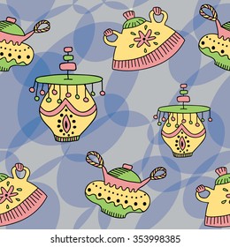 Vector seamless pattern with funny cute yellow doodle pots and vases. Endless repeating texture with cartoon style illustration. Fun unusual kitchen dishes with interesting lids and ornaments