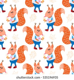 Vector seamless pattern with funny cute squirrels