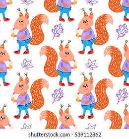 Vector seamless pattern with funny cute squirrels