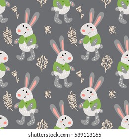 Vector seamless pattern with funny cute rabbits