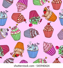 vector seamless pattern with funny cute cupcakes on a pink background