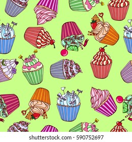 vector seamless pattern with funny cute cupcakes on a light green background. Sweets, cream and muffins with candy decoration.bright colorful elements for menu, bakeries and cafes.